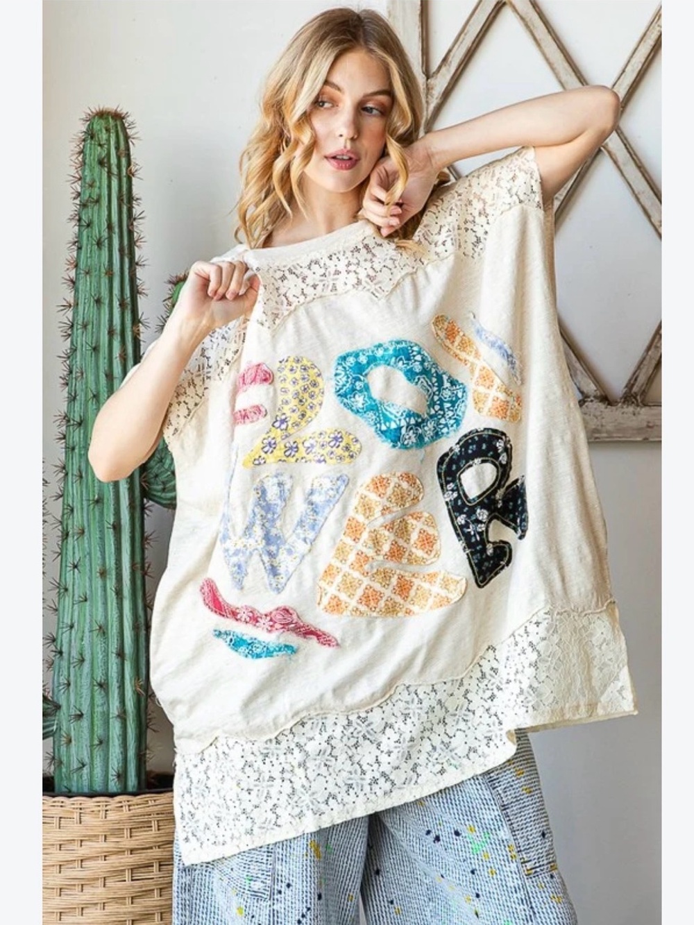 Oli & Hali Cream Lace Graphic Tunic with Multicolor Letter Appliqués